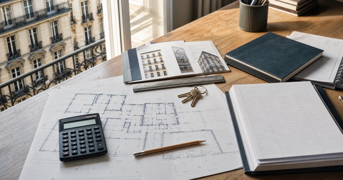 Plans, calculatrice et état locatif utilisés pour estimer un immeuble de rapport